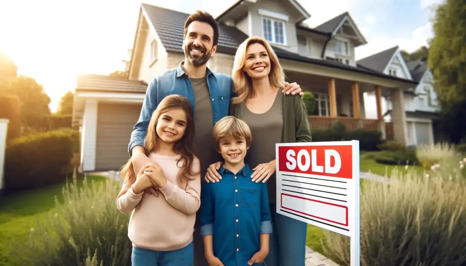 What Happens If I Can'T Close On My Toronto House? 25 Dall·e 2024 05 16 21.16.11 A Happy Family Standing In Front Of A Sold Sign With Their New Home In The Background Representing The Positive Outcome Of A Successful Closing. Th B