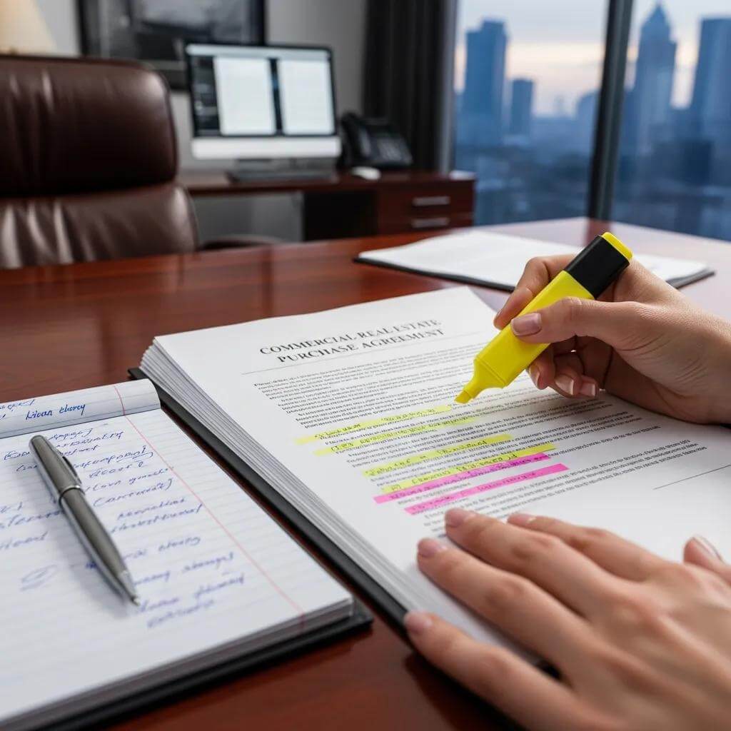 What Do Commercial Real Estate Lawyers Do: Comprehensive Guide To Legal Services In Toronto 1 Lawyer Reviewing A Commercial Real Estate Contract With Highlighted Sections On A Desk