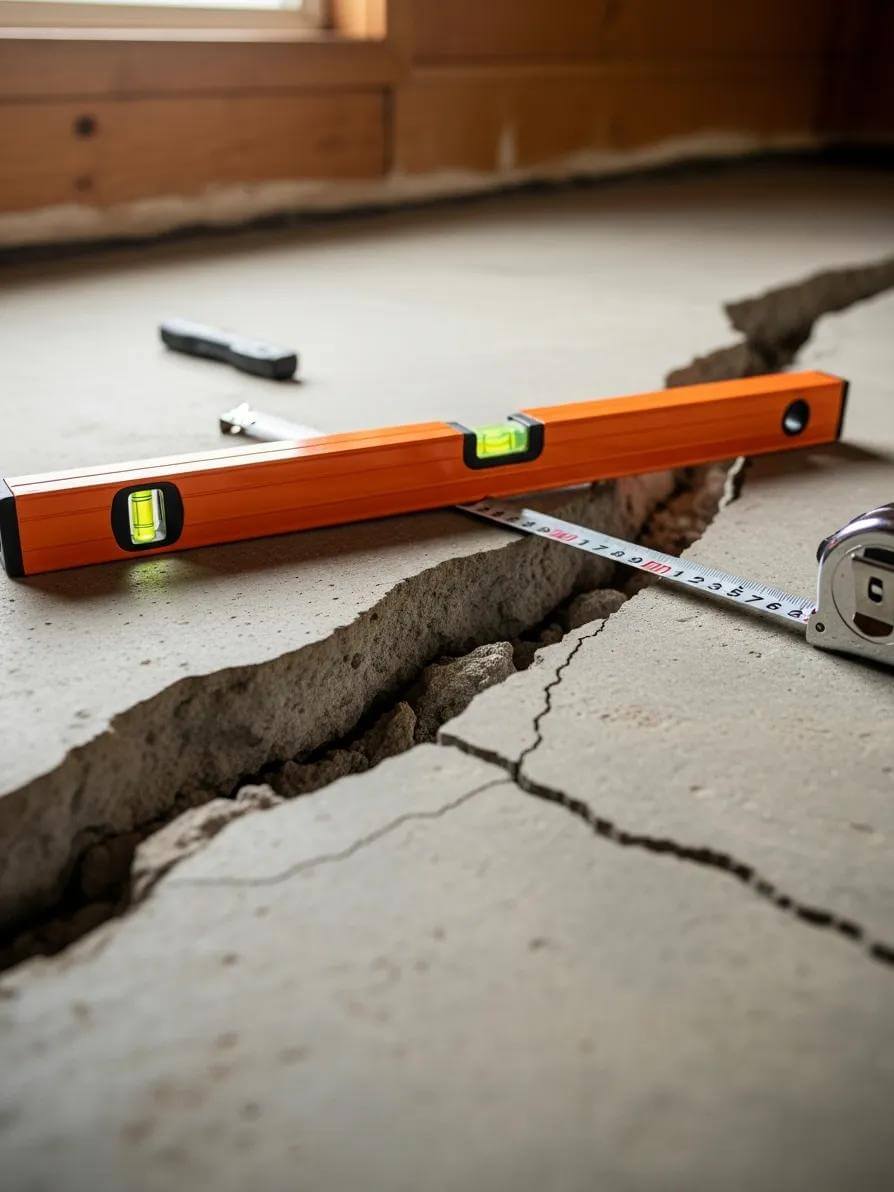 Close-Up Of Foundation Cracks And Uneven Flooring, Illustrating Common Structural Issues Found During Home Inspections