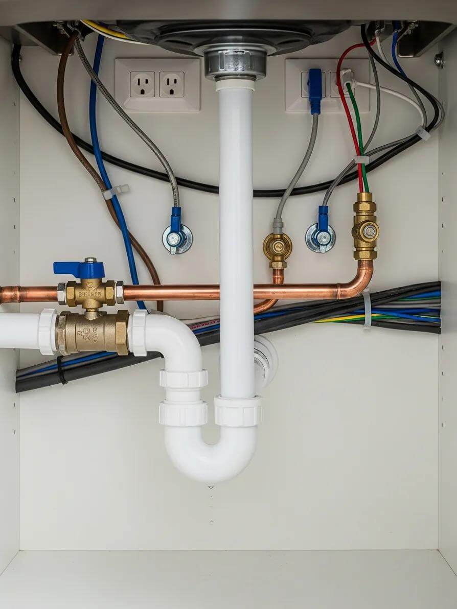 Detailed View Of Plumbing And Electrical Systems Under A Sink, Highlighting Essential Components To Examine During Home Inspections