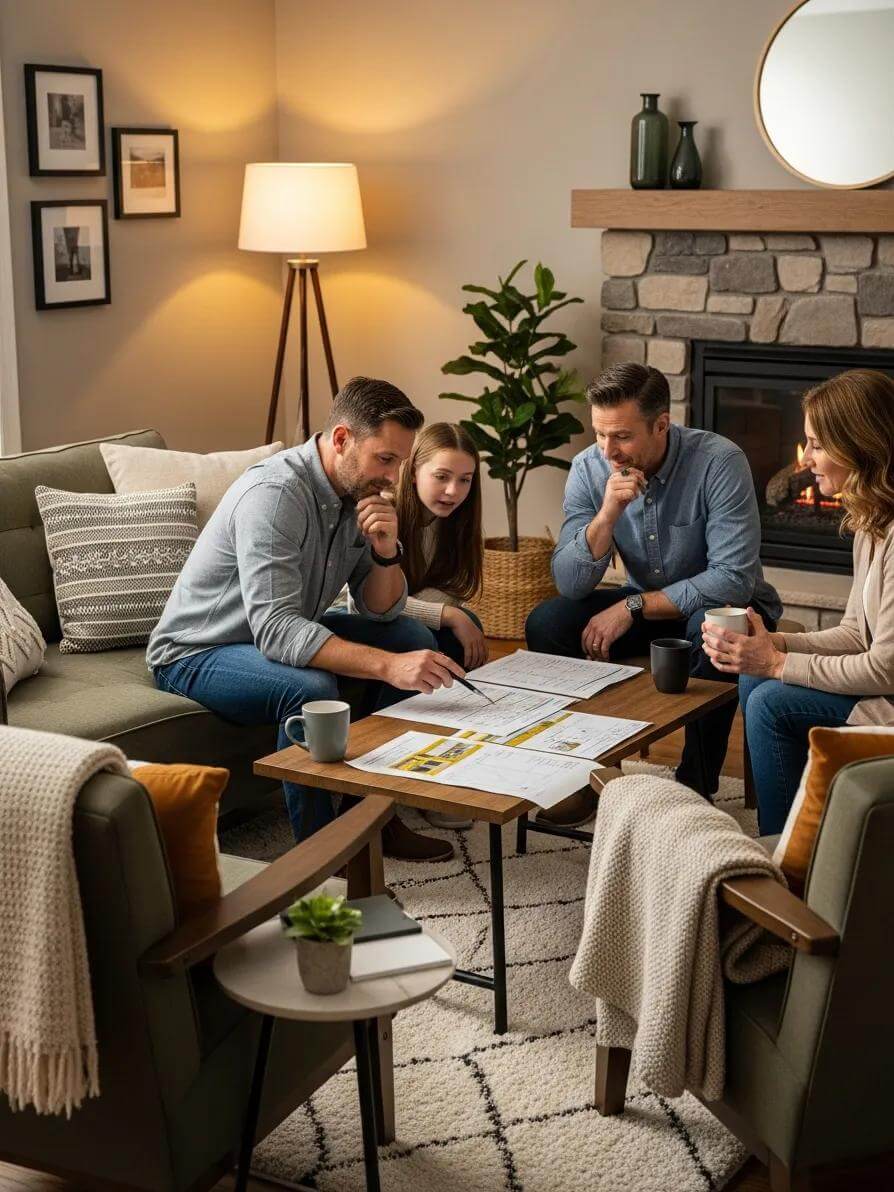 Family Consulting With A Home Inspector About A Pre-Purchase Inspection Report, Emphasizing The Benefits Of Thorough Evaluations