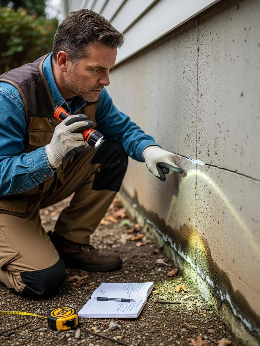 Home Inspector Checking The Foundation For Cracks And Water Damage, Illustrating The Importance Of Structural Inspections