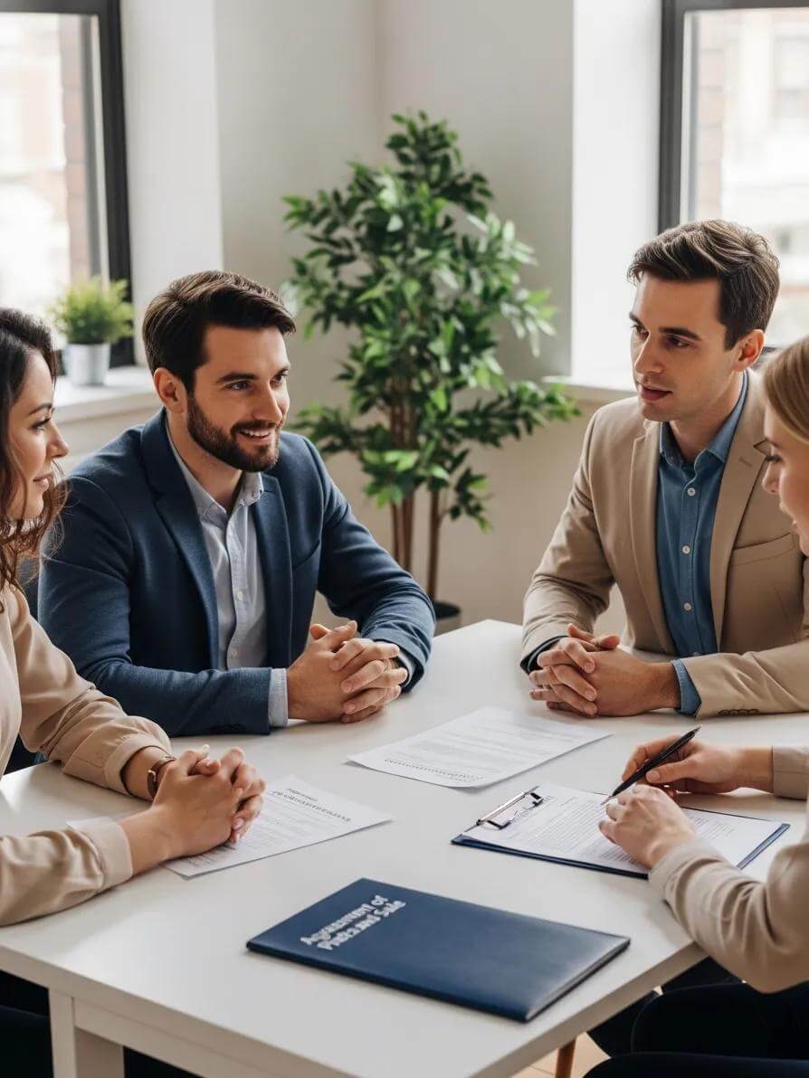 Agreement Of Purchase And Sale In Ontario: Understanding The Clauses That Matter Most For Buyers And Sellers 1 Real Estate Transaction Scene In Ontario With Diverse Individuals Discussing An Agreement Of Purchase And Sale Dcdde8Ce 4F88 4C1A 928D 169407D6Fe32