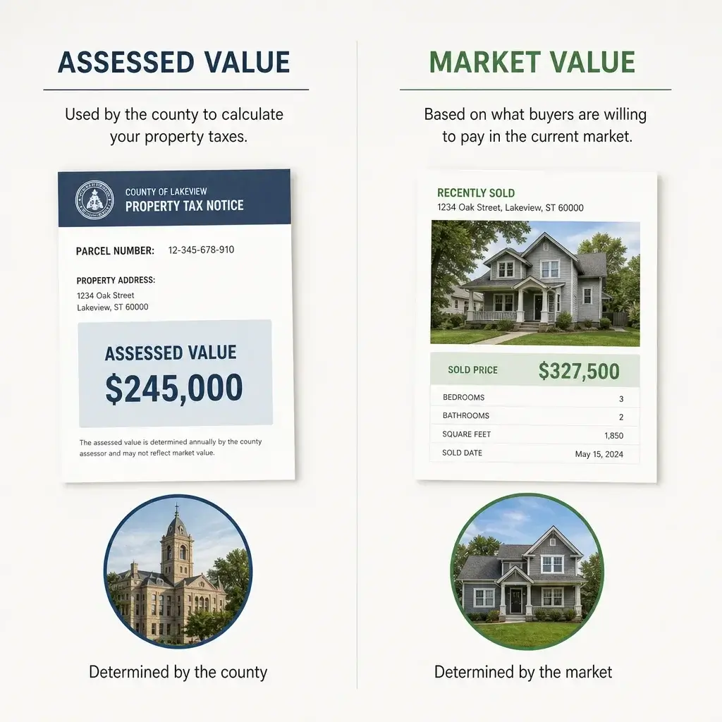 A Comparison Diagram Showing Assessed Value Versus Market Value.
