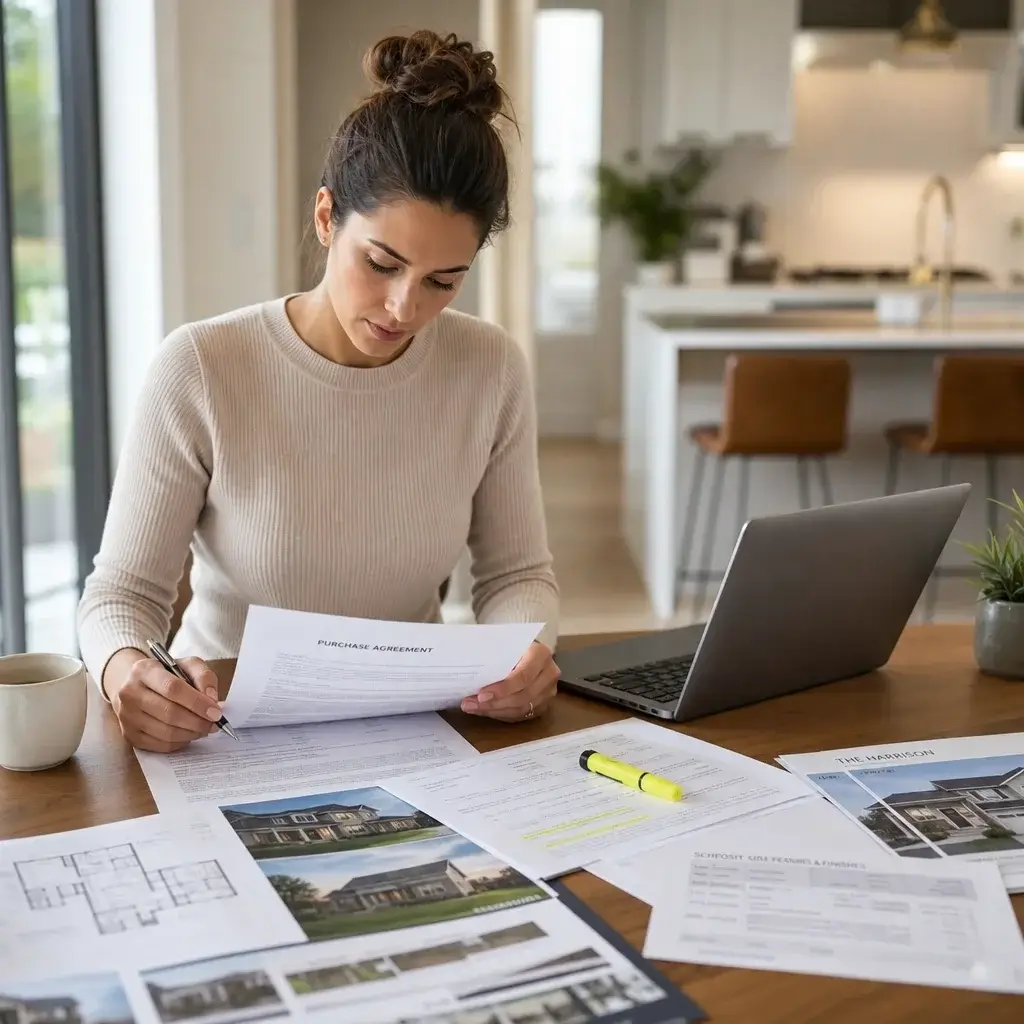 Buying A New Build Home In Ontario: Checklist 1 Buyer Reviewing Contract Documents Before Signing A New Build Agreement.