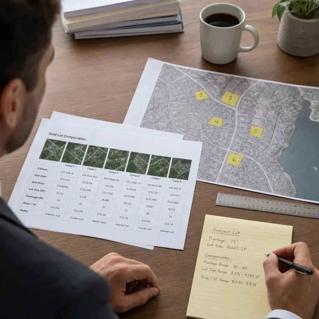 A Professional Comparing Sold Lot Records And Parcel Maps To Estimate Land Value.