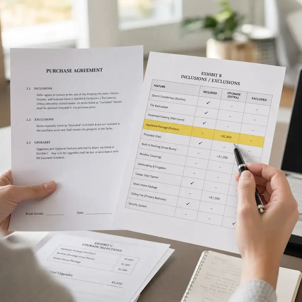 Buying A New Build Home In Ontario: Checklist 2 Contract Review Materials Showing Included, Extra, And Excluded Items.