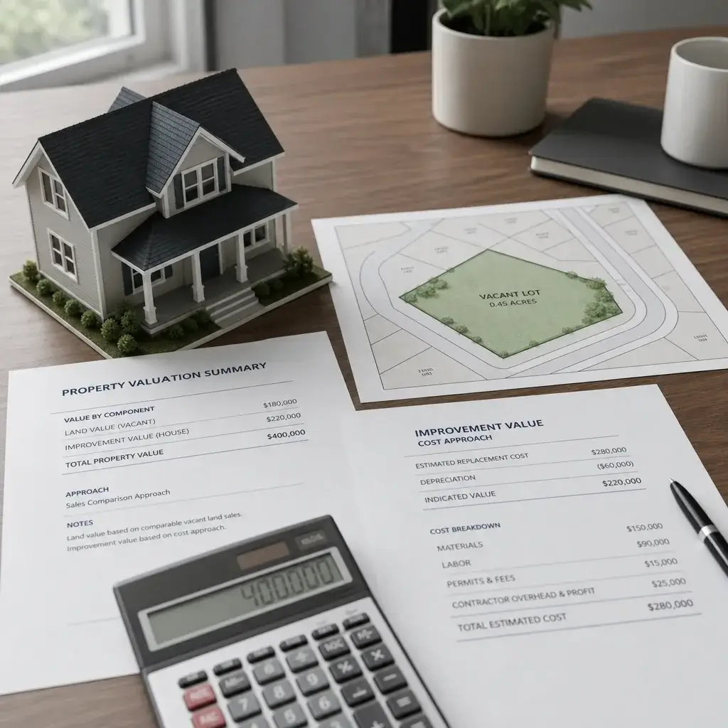 A House Model, Lot Map, And Cost Documents Showing Separation Of Land And Improvements.
