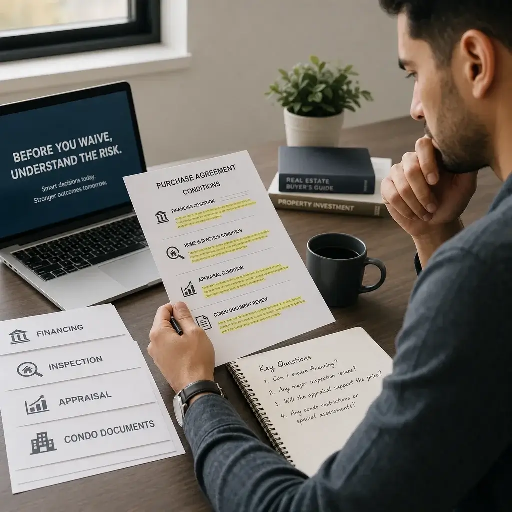 Negotiating Tips For Buying A House In Ontario: Price, Terms &Amp; Offer Strategy 6 Buyer Reviewing Financing, Inspection, Appraisal, And Condo Conditions.
