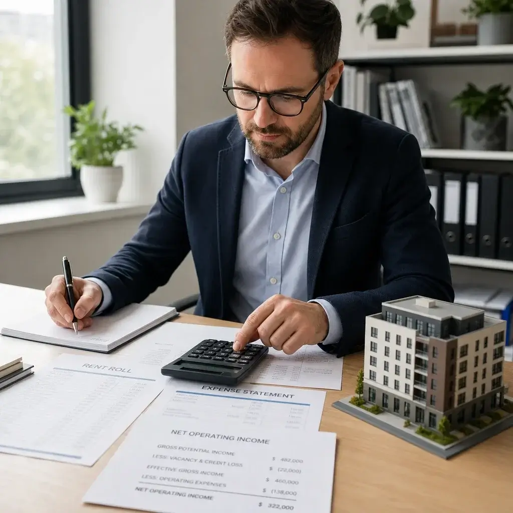 An Analyst Reviewing Rent And Expense Documents For An Income-Based Property Valuation.
