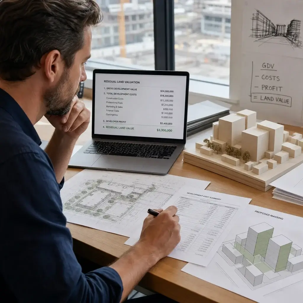 A Builder Reviewing Development Plans And Cost Sheets For Residual Land Valuation.