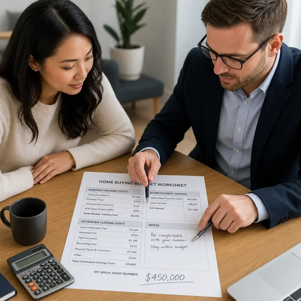 Negotiating Tips For Buying A House In Ontario: Price, Terms &Amp; Offer Strategy 1 Buyer And Advisor Reviewing Budget And Walk-Away Number.
