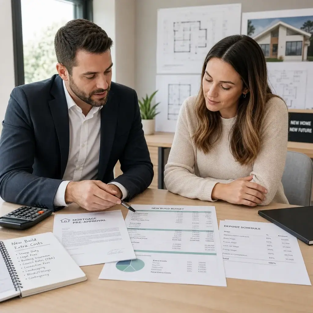 Buying A New Build Home In Ontario: Checklist 3 Homebuyer And Broker Reviewing Financing And Budget Documents For A New Build.