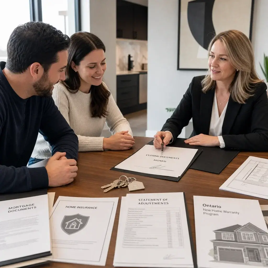 Buying A New Build Home In Ontario: Checklist 9 Lawyer And Buyer Reviewing Closing Documents And Keys For A New Build In Ontario.
