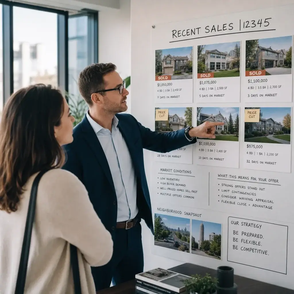 Negotiating Tips For Buying A House In Ontario: Price, Terms &Amp; Offer Strategy 2 Agent And Buyer Analyzing Market Conditions And Comparable Listings.