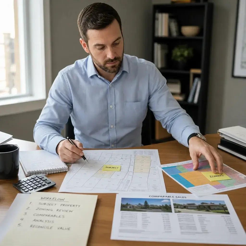 An Appraiser Reviewing Maps, Zoning Documents, And Sales Data In A Valuation Workflow.