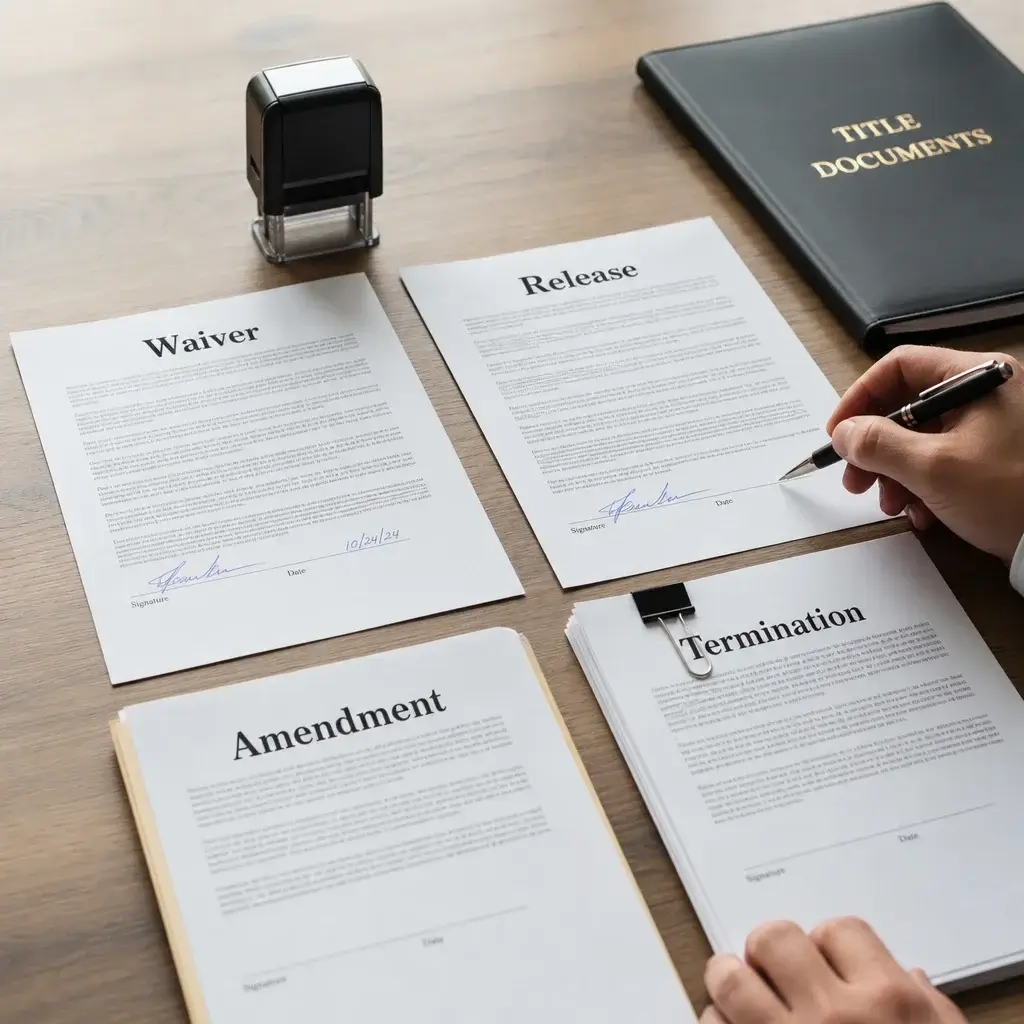 A Legal Desk Scene Illustrating Waiver, Release, Amendment, And Termination Documents For A Rofr.