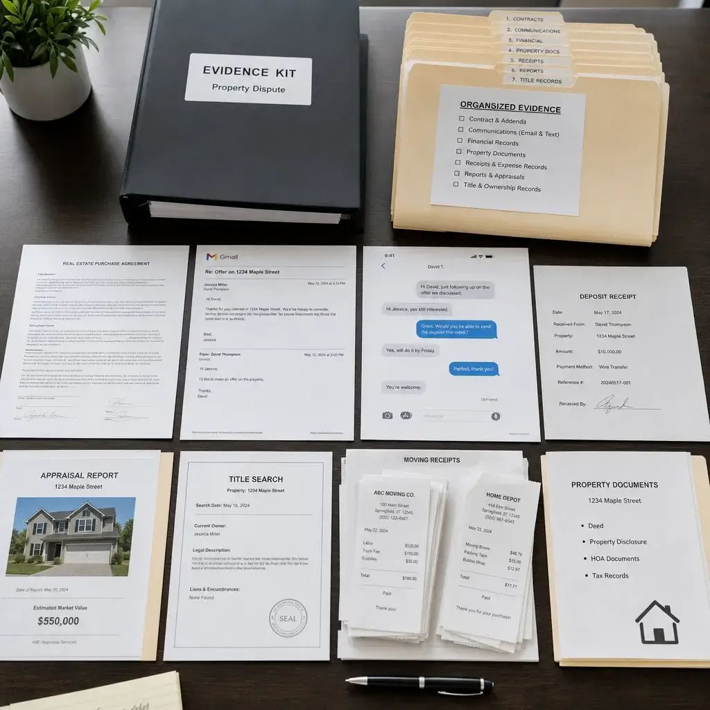 Breach Of Real Estate Contract In Ontario: Buyer, Seller, Deposit &Amp; Remedies 6 A Neatly Arranged Set Of Documents And Receipts For A Real Estate Dispute.