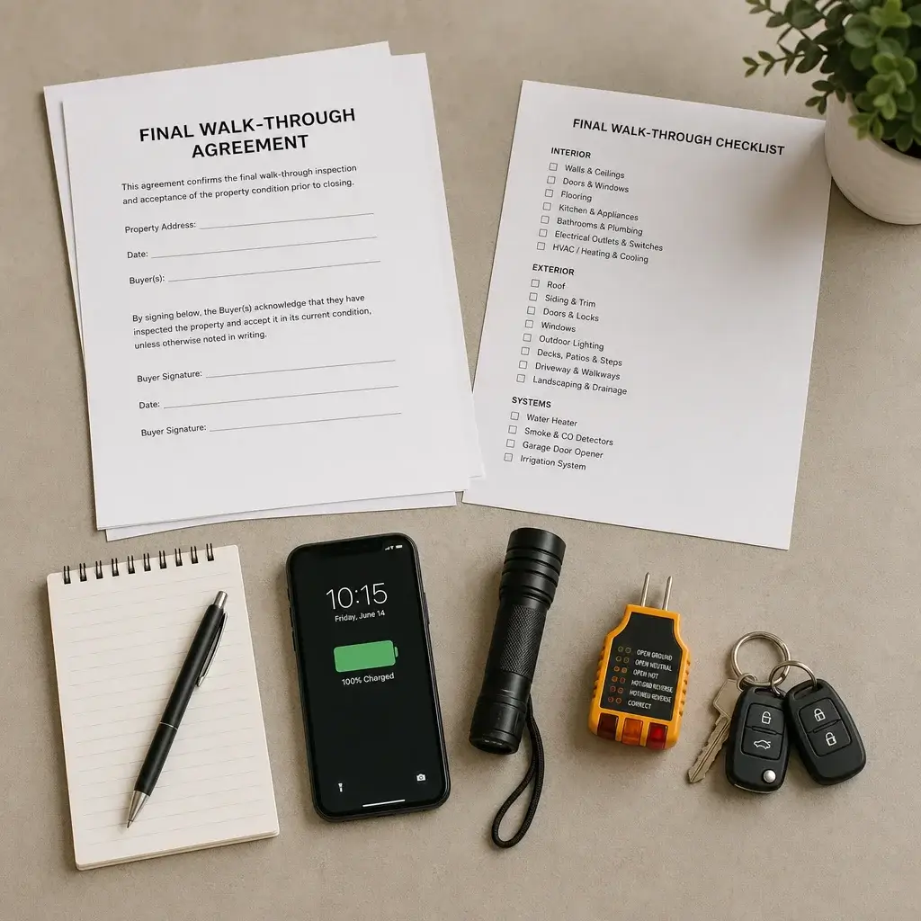 Final Walk Through Before Settlement In Ontario: Checklist + What To Do If You Find Problems 3 Final Walk-Through Kit With Checklist, Phone, Flashlight, And Outlet Tester On A Table.