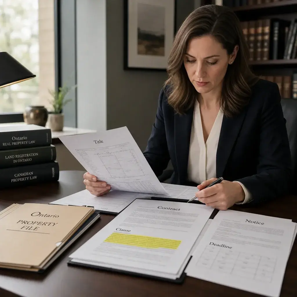 A Lawyer Reviewing A Property File And Title Records For Rofr Enforceability In Ontario.