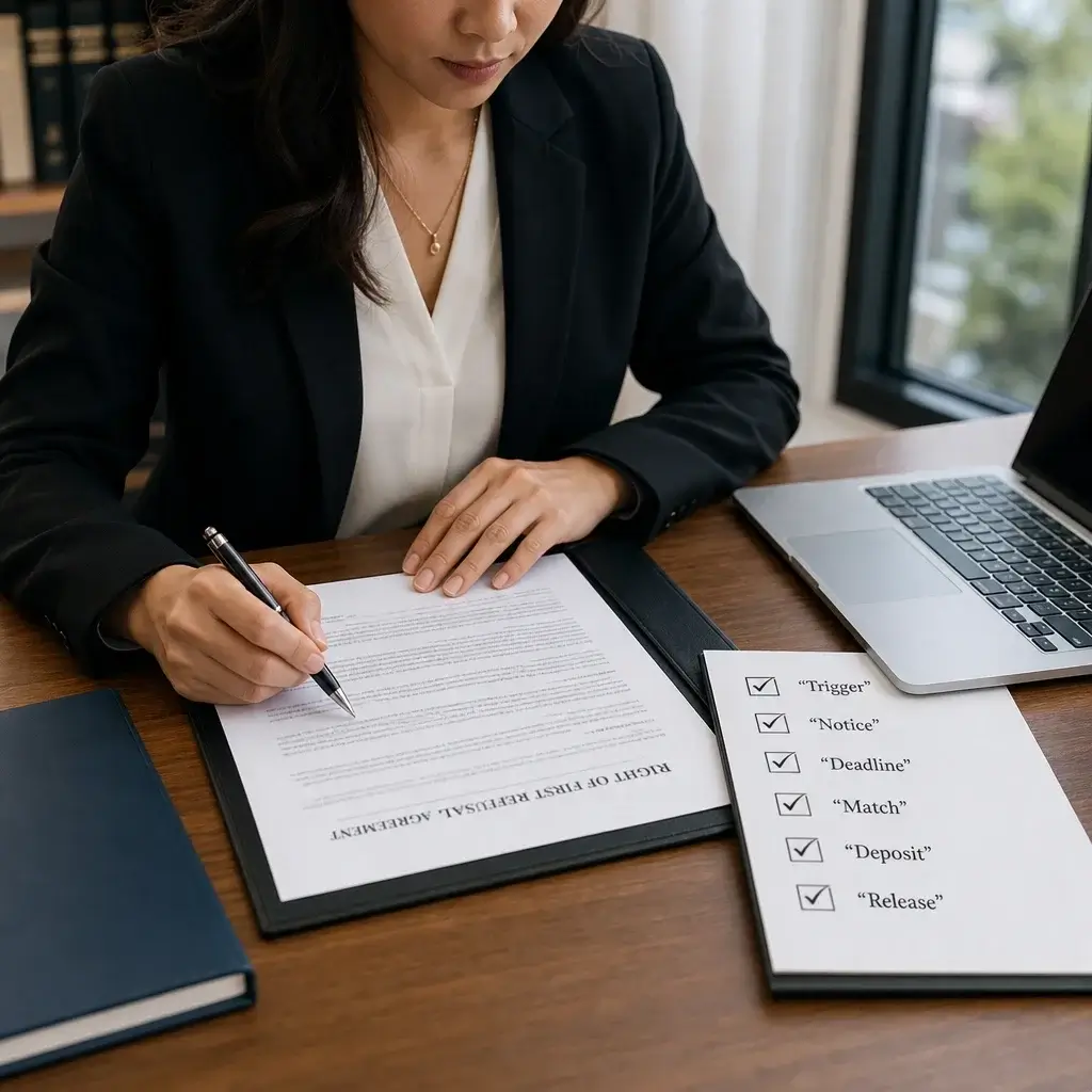 A Lawyer Reviewing A Contract Checklist For The Key Terms Of A Strong Rofr Clause.