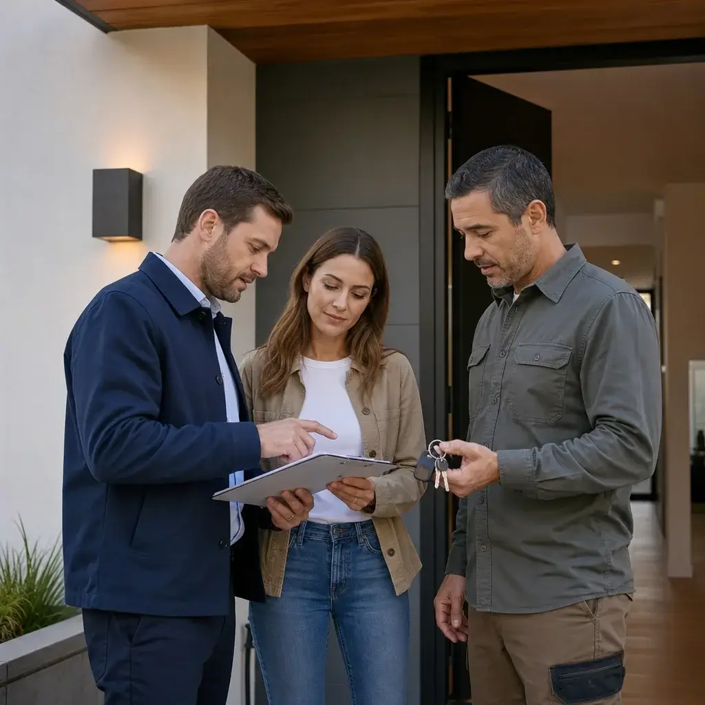 Final Walk Through Before Settlement In Ontario: Checklist + What To Do If You Find Problems 2 Buyer, Agent, And Helper At The Front Door During A Final Walk-Through.
