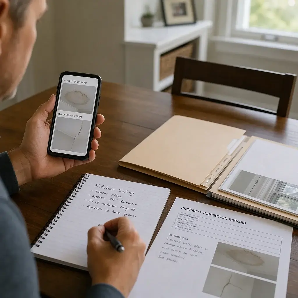 11 Month Home Warranty Inspection Checklist For Ontario Buyers 3 A Homeowner Organizing Photos, Notes, And Reports To Document Defects For A Warranty Claim.