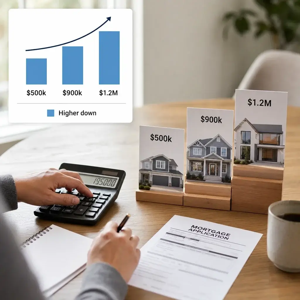 Mortgage Planning Scene Showing How Down Payment Rises With Purchase Price.