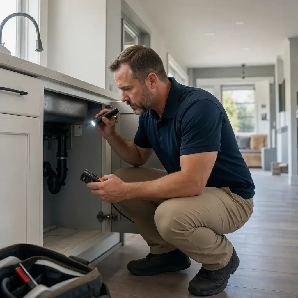 11 Month Home Warranty Inspection Checklist For Ontario Buyers 1 A Home Inspector Checking Under A Kitchen Sink For Leaks During A Warranty Inspection.