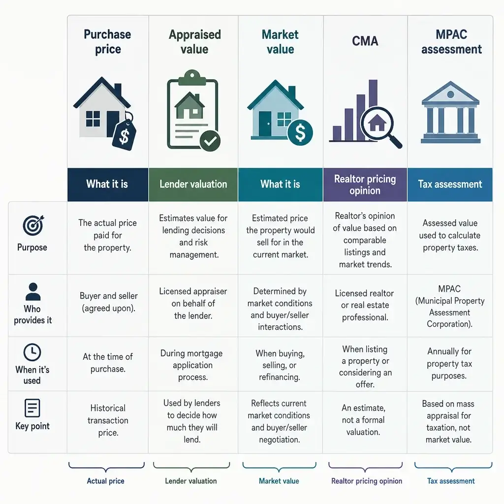 Home Appraisal When Buying A House In Ontario: Process, Cost &Amp; Low Appraisal Options 4 A Comparison Chart Showing Purchase Price, Appraised Value, Market Value, Cma, And Mpac Assessment.