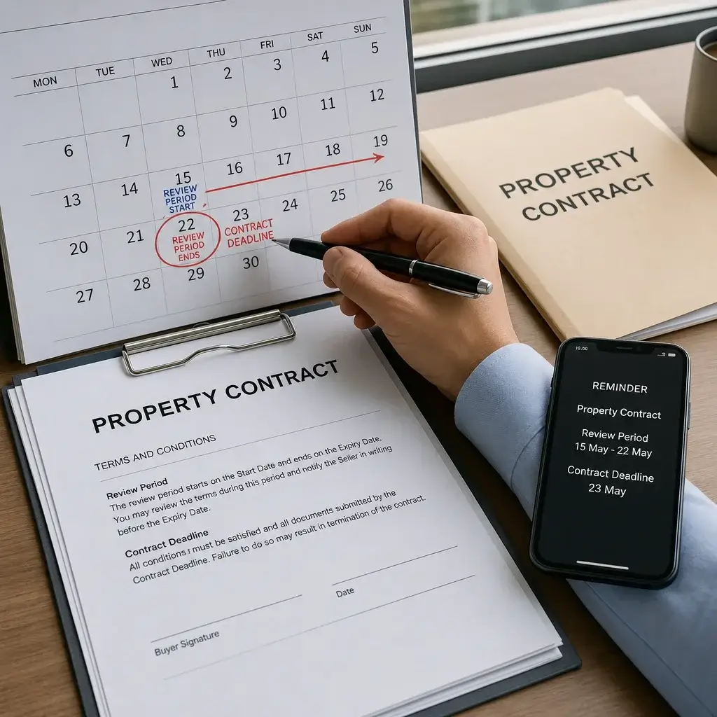 Due Diligence Period In Real Estate: Ontario Buyer &Amp; Seller Guide 1 A Contract Deadline Marked On A Calendar With Property Documents Nearby.