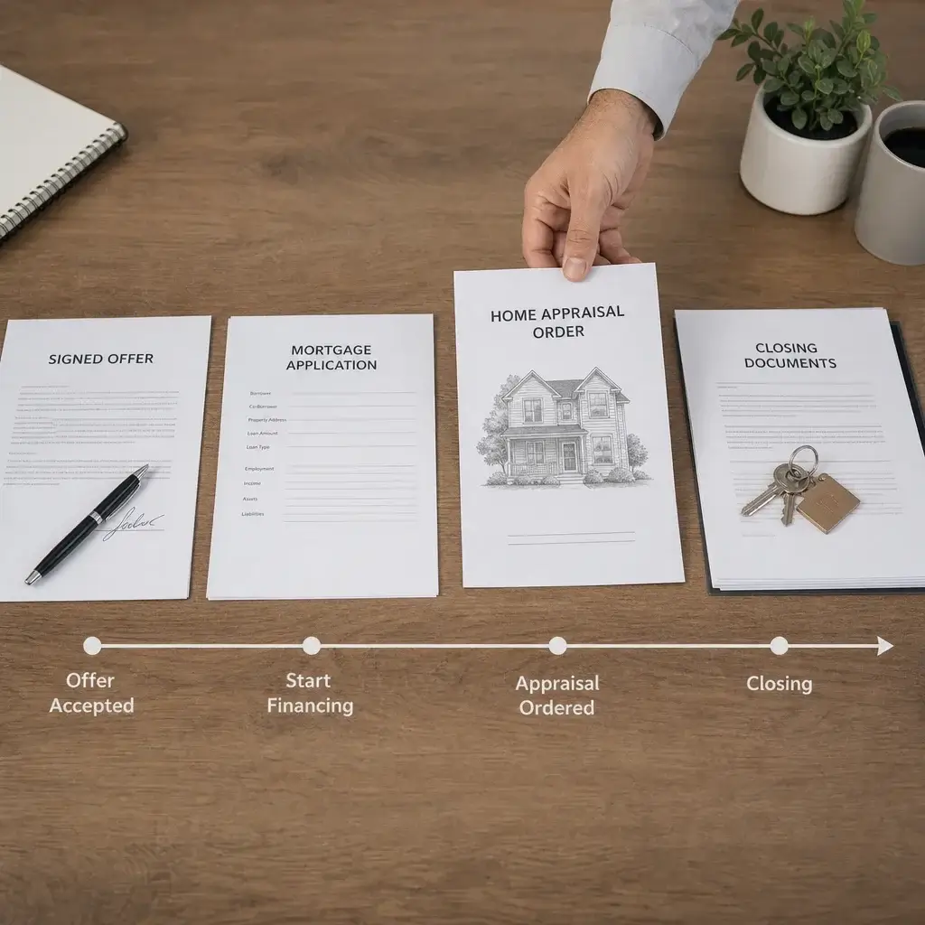 Home Appraisal When Buying A House In Ontario: Process, Cost &Amp; Low Appraisal Options 1 A Desk Scene Showing The Appraisal Step In The Home-Buying Timeline.