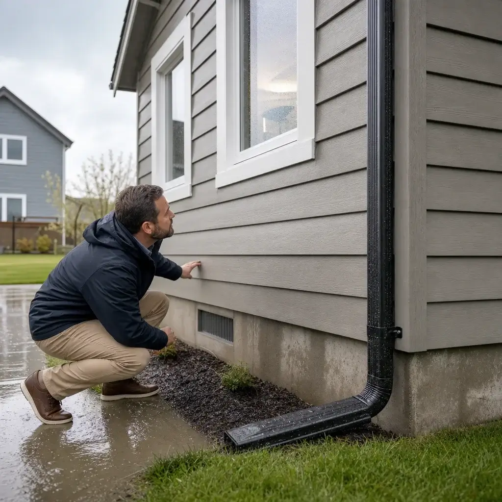 Home Inspection Checklist Ontario Buyers Can Use Before Purchase 2 An Inspector Checking A House Exterior For Roof, Drainage, Siding, And Window Issues.
