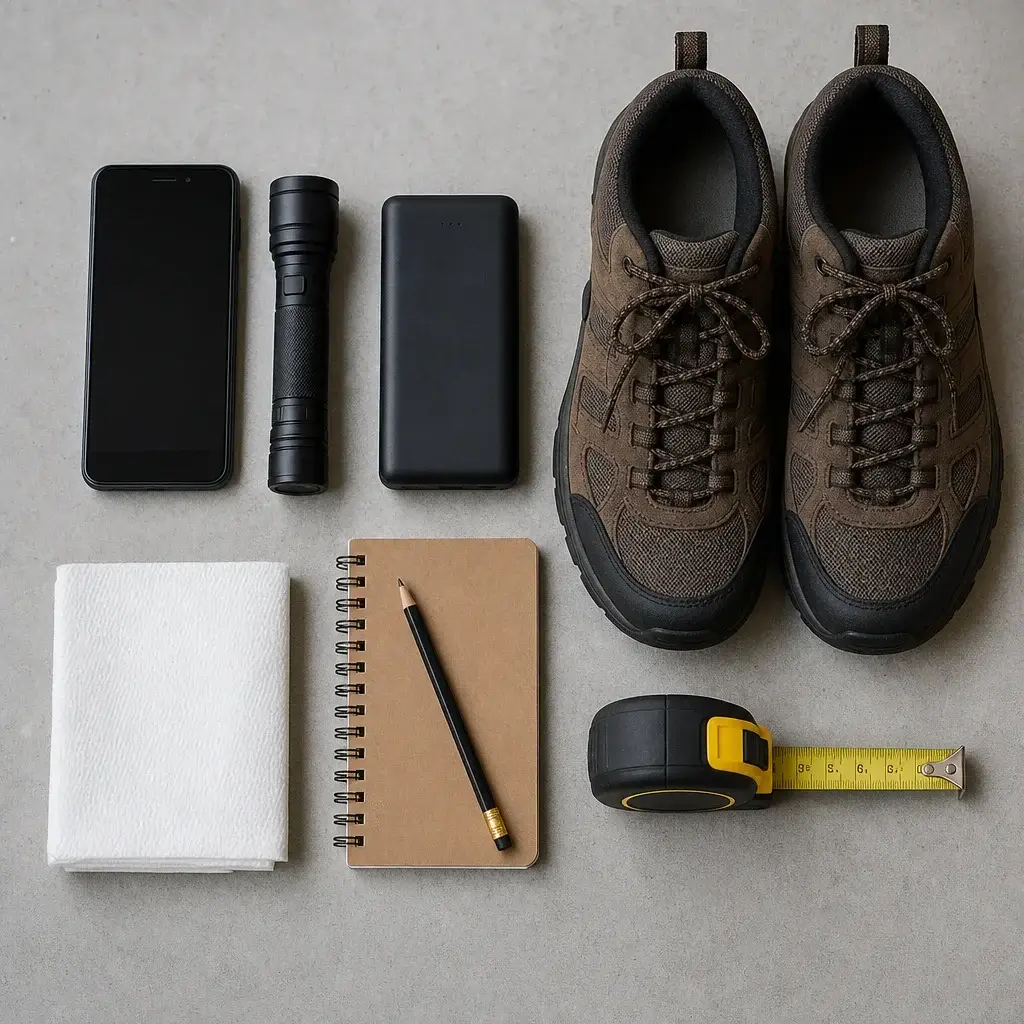 Home Inspection Checklist Ontario Buyers Can Use Before Purchase 1 A Flat Lay Of Simple Tools For A Home Inspection Walkthrough.