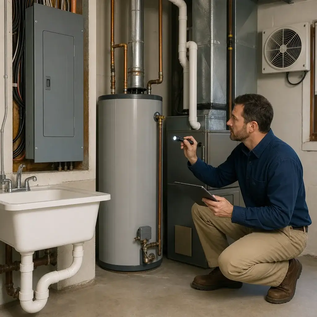 Home Inspection Checklist Ontario Buyers Can Use Before Purchase 4 An Inspector Visually Checking Electrical, Plumbing, Hvac, And Water Heater Systems.