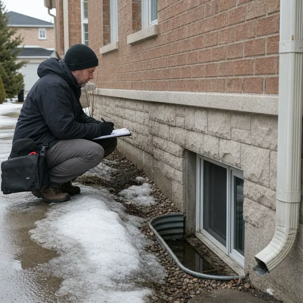 Home Inspection Checklist Ontario Buyers Can Use Before Purchase 8 A Canadian Home Exterior Showing Winter Drainage And Moisture Concerns.
